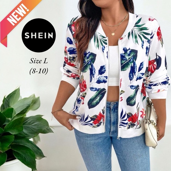 New Women's Tropical Plant Print Baseball Collar Jacket - Picture 1 of 16